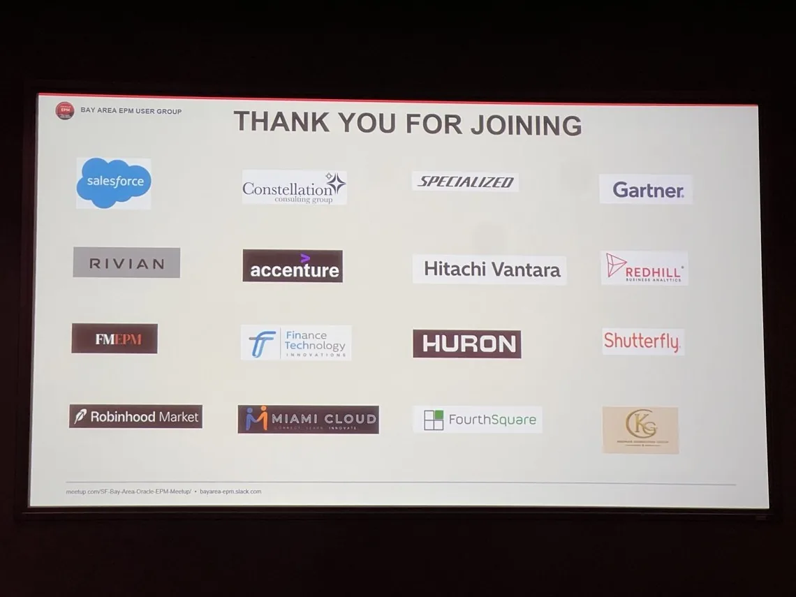 The closing slide of the Bay Area EPM User Group listing the organizations in the room