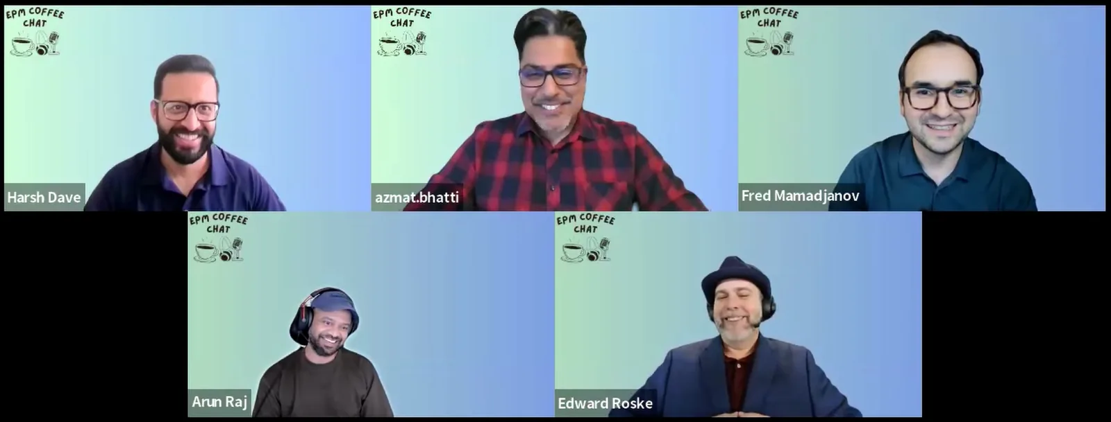 EPM Coffee Chat episode on AI in EPM with guest Edward Roske, five participants on a video call